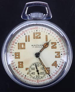 VINTAGE WALTHAM WWII MILITARY POCKET WATCH: Vintage Waltham WWII 17 jewel military pocket watch.Stainless steel Pocket Watch Waltham MensWeight: 103.35 GramsCondition: Very Fine