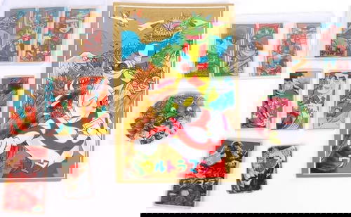 JAPANESE MENKO CARD COLLECTION LOT - (13): Vintage Japanese Menko Card Collection Lot (13) to include Variety of Rock, Paper, Scissors cards (9), a Godzilla vs King Kong menko, Hanafuda menko, Pogs Disc, & Large Ultraman Bettan card.Condition: