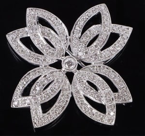 1.34CTW DIAMOND 18K WHITE GOLD FLORAL BROOCH