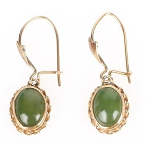 14K YELLOW GOLD GREEN CABOCHON EARRINGS