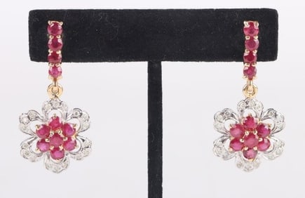 18K BI-COLORED GOLD DIAMOND RUBY LADIES EARRINGS