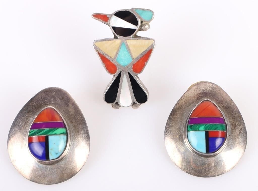 SOUTHWEST STERLING SILVER EARRINGS & RING: southwest sterling silver ladies earrings and ring with inset stones to include onyx, turquoise, jasper, malachite and more.Stone Type: AssortedWeight: 15.32 GramsSize: 1.25" LengthCondition: Very fin