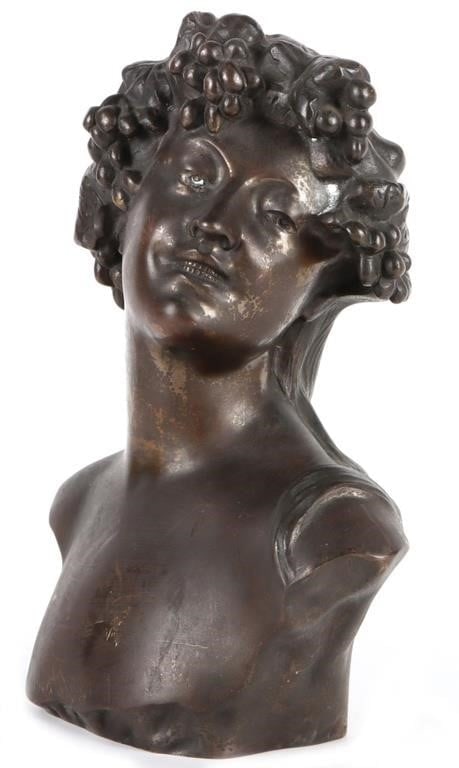 J. LAMBEAUX 'BUSTE DE BACCHANTE' CAST BRONZE BUST: Jef Lambeaux (Belgium, 1852-1908) "Buste De Bacchante" Cast Bronze Bust. This bust depicts that of a women adorned with grape vine along her hairline. The signature is found on the back of the sculptu