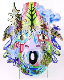 RUTH BROCKMANN '03 GLASS SIGNED ART MASK W/ STAND: Ruth Brockmann ((American,1955-2013) 2003 signed glass art mask. Ruth Brockmann was a leader in the Northwest kiln-formed glass movement. She created fused-glass sculptures that celebrated and explore