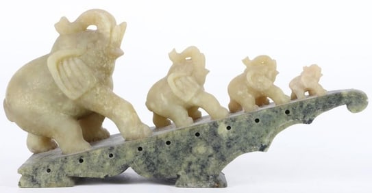 JADE CARVED 4 ELEPHANTS TRUNK UP ON NEPHRITE