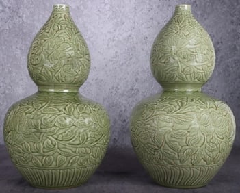 LARGE CELADON-GLAZED LONGQUAN FLORAL VASES