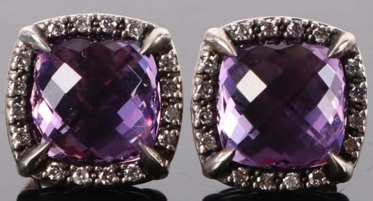DAVID YURMAN SILVER AMETHYST & DIAMOND EARRINGS