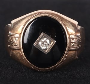 MENS ONYX & DIAMOND 10K YELLOW GOLD RING