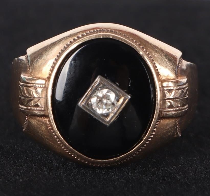 MENS ONYX & DIAMOND 10K YELLOW GOLD RING (1 of 4)