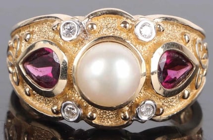 14K YELLOW GOLD PEARL GARNET DIAMOND LADIES RING