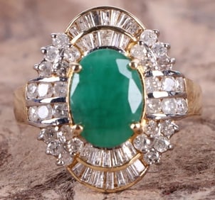 14K YELLOW GOLD EMERALD DIAMOND RING W/ CERT
