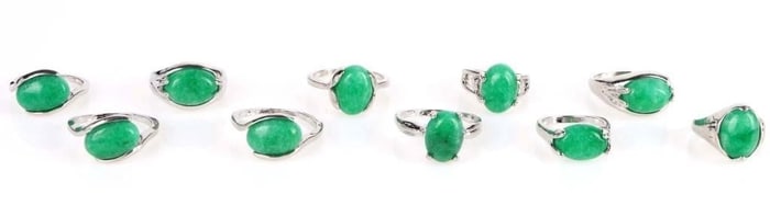 GREEN JADE LADIES SILVER-TONE RINGS - LOT OF 10