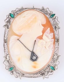 14K WHITE GOLD FILIGREE DIAMOND CAMEO BROOCH