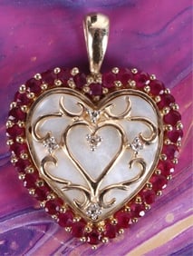 10K GOLD RUBY, DIAMOND & MOP LADIES HEART PENDANT