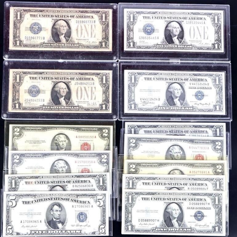 ASSORTED SILVER CERTIFICATES & $2 BILLS - (13) (1 of 5)