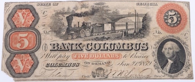 1859 BANK OF COLUMBUS $5 OBSOLETE CSA BANKNOTE