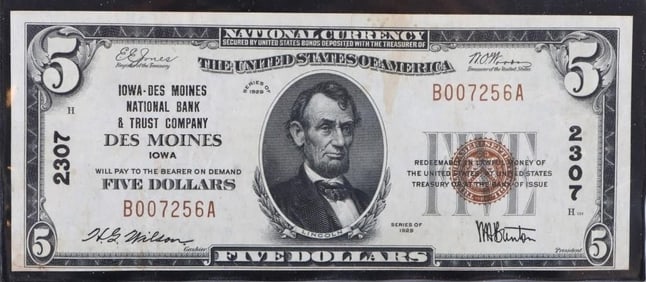 1929 SERIES $5 DES MOINES IOWA U.S. BANKNOTE