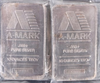 FINE SILVER 10 TROY OZ A-MARK BARS - (2)