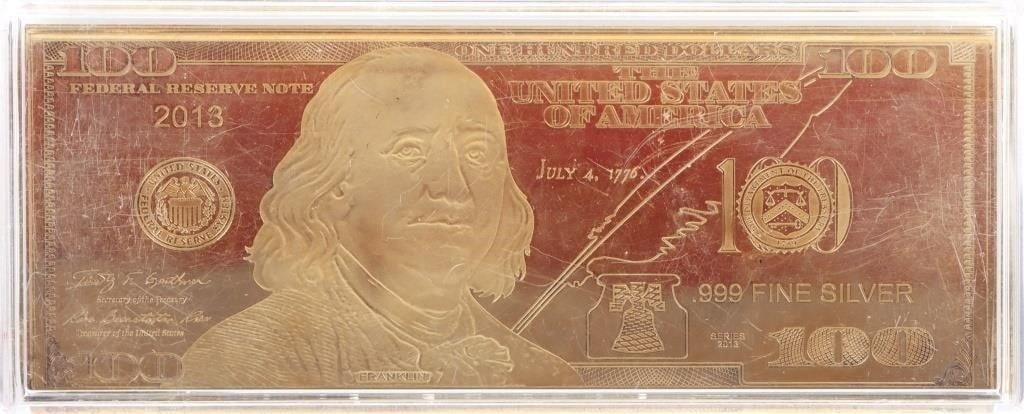 2013 $100 4 OZ. GOLDEN PROOF #299/5000: 2013 $100 4 Ounce Golden Proof 299/5000. Struck by The Washington Mint, contains four full ounces of .999 pure silver layered in 24k gold. Limited to just 5000 worldwide, comes with certificate.Weight