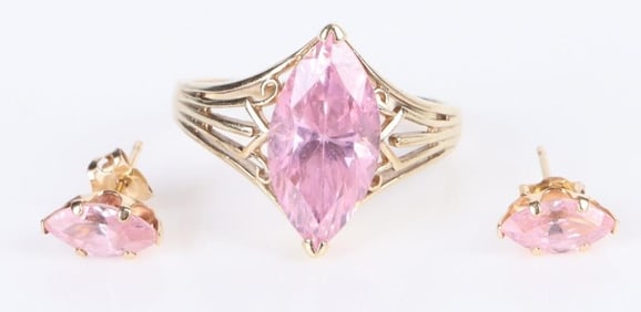 PINK CUBIC ZIRCONIUM 10K YELLOW GOLD JEWELRY SET