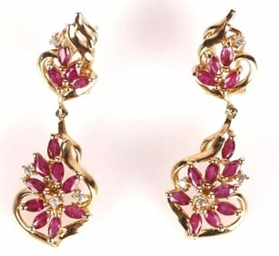 14K YELLOW GOLD RUBY DIAMOND LADIES EARRINGS