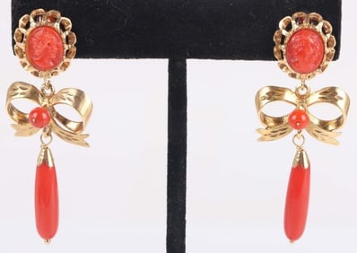 14K YELLOW GOLD CORAL BOW DROP EARRINGS