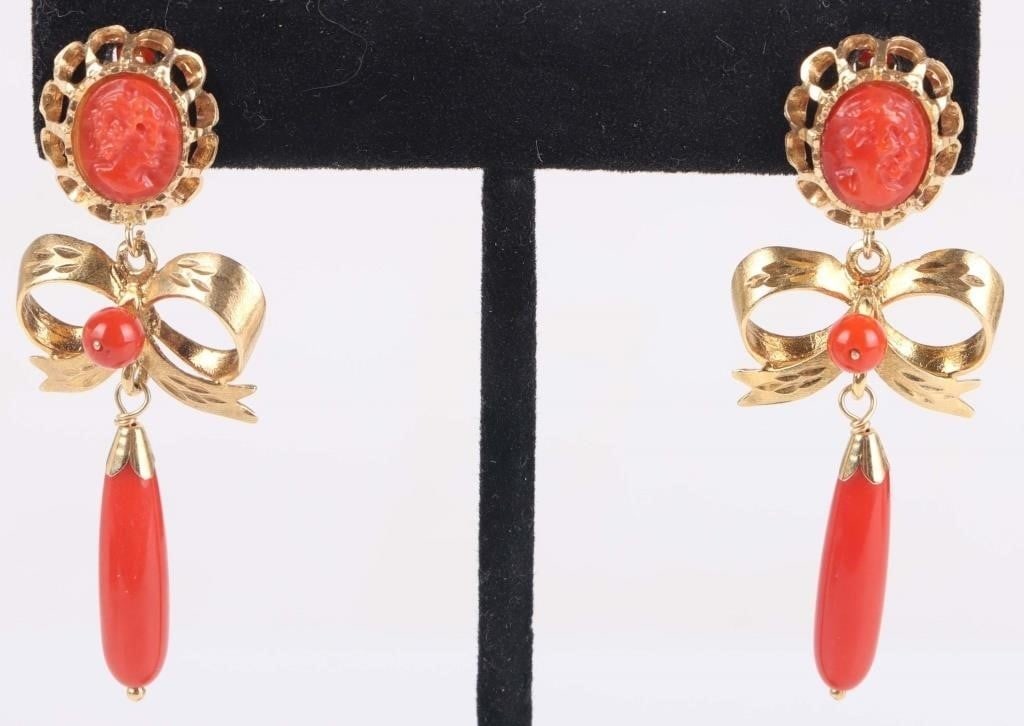 14K YELLOW GOLD CORAL BOW DROP EARRINGS: 14K yellow gold coral bow drop ladies earrings. Stone Type: Coral Weight: 7.17Grams Condition: Very fine