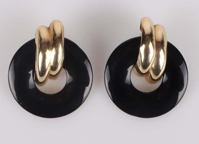 14K YELLOW GOLD BLACK ONYX HOOP LADIES EARRINGS
