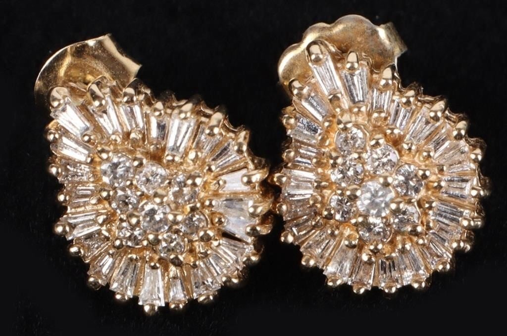 14K YELLOW GOLD WHITE SAPPHIRE LADIES EARRINGS: 14k yellow gold white sapphire ladies earrings to include ~46 0.01ct channel sapphires and sixteen 0.01ct round diamonds. Stone Type: Sapphire Weight: 4.54 Grams Size: 0.5" Length Condition: Very fine