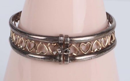 14K YELLOW GOLD & STERLING SILVER HEART BRACELET