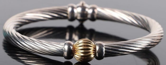 OVAL STERLING SILVER & 14K HINGED TWISTED BANGLE