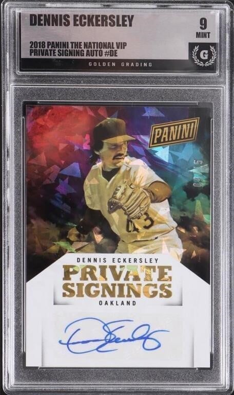 DENNIS ECKERSLEY 2018 VIP PRIVATE SIGNING CARD 9: Dennis Eckersley 2018 Panini The National VIP Private signing auto #DE Mint 9 baseball card.Condition: Mint 9 Sports cardsWeight: Panini Graded and Slabbed Baseball
