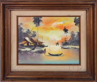 OIL ON CANVAS OF A SUNSET IN TROPICAL CANAL FRAMED