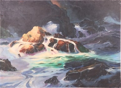 DAVID MURLOUT 1967 OIL ON CANVAS SEA ON THE ROCKS