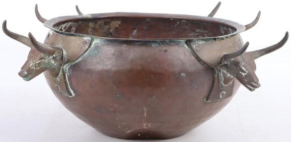 RARE VINTAGE TURKISH HORNED BULL COPPER BOWL