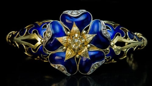 14K GOLD & BLUE ENAMEL DIAMOND BANGLE BRACELET