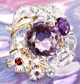 ~6.0CT ROUND AMETHYST FLOWER & LEAF STERLING RING