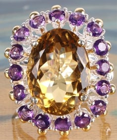 22CT NATURAL OVAL CITRINE & AMETHYST STERLING RING