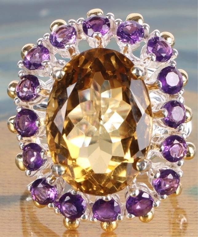 22CT NATURAL OVAL CITRINE & AMETHYST STERLING RING