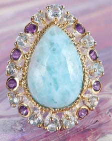 NATURAL CABOCHON LARIMAR, TOPAZ, AMETHYST RING