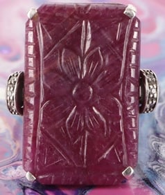 STERLING SILVER CARVED RUBY DIAMOND LADIES RING