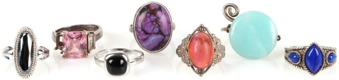 SILVER LADIES RINGS W/ LARGE CENTER STONE LOT OF 7