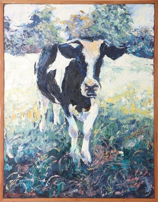JAMES MICHALOPOULOS COWPLUNKITY OIL PAINTING: James Michalopoulos (1951) American artist and sculptor, "Cowplunkity" original oil painting. Painted with oil in an impressionist style. Features the artist's signature. The canvas is in a plain and