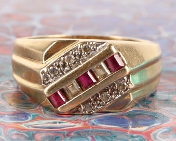 14K YELLOW GOLD RUBY CZ MEN'S RING