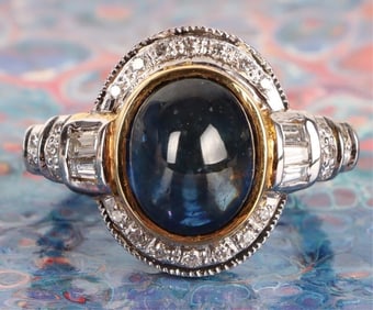 7CT NATURAL CABOCHON BLUE SAPPHIRE & DIAMOND RING