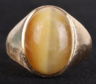 14K YELLOW GOLD CABOCHON TIGERS EYE MEN'S RING
