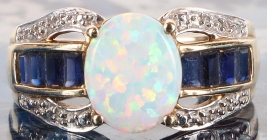 DIAMOND, SAPPHIRE & OPAL 10K YELLOW GOLD RING