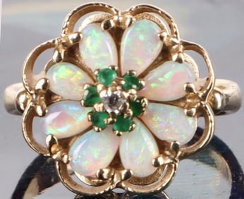 OPAL, EMERALD & DIAMOND 10K YELLOW GOLD RING