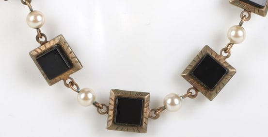ANTIQUE BRASS PEARL & ONYX LADIES NECKLACE