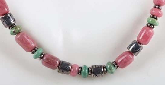 STERLING SILVER RHODONITE & TURQUOISE NECKLACE